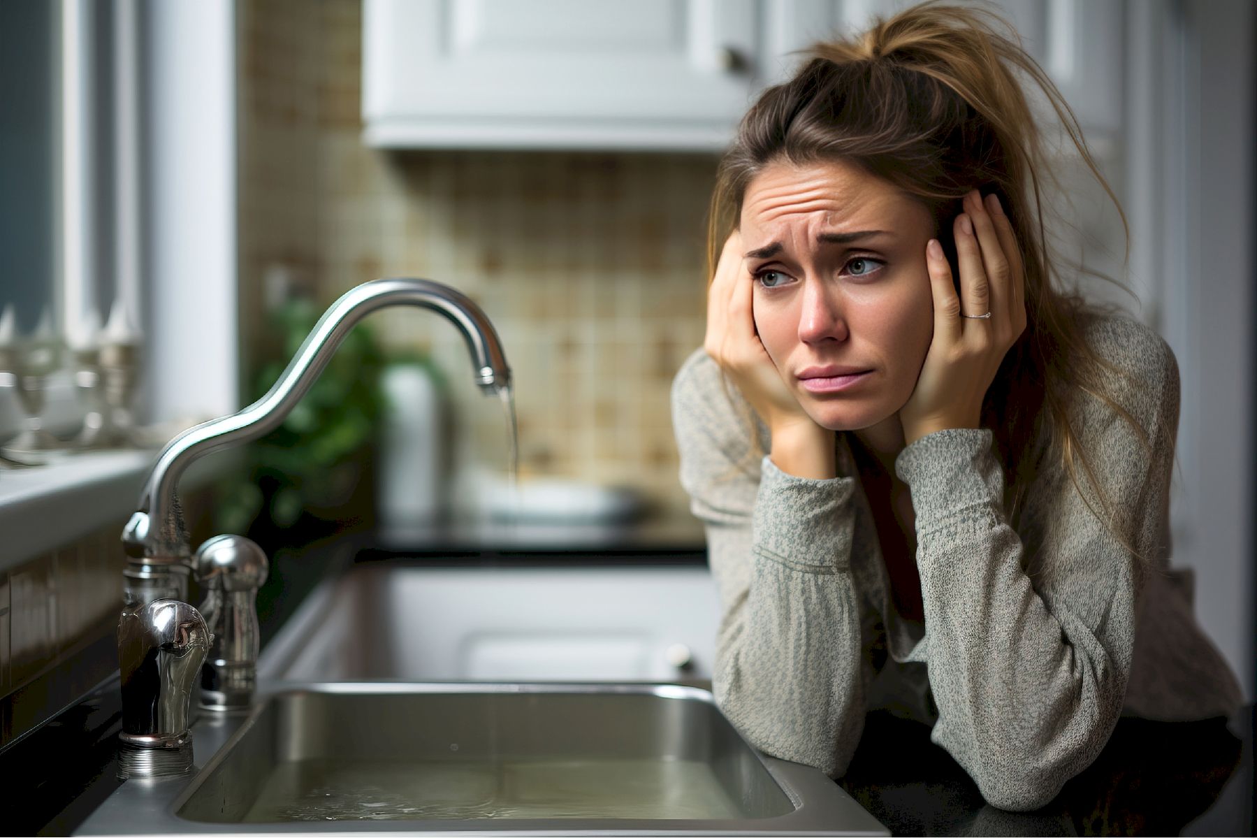 femme déçu parce que son évier est bouché