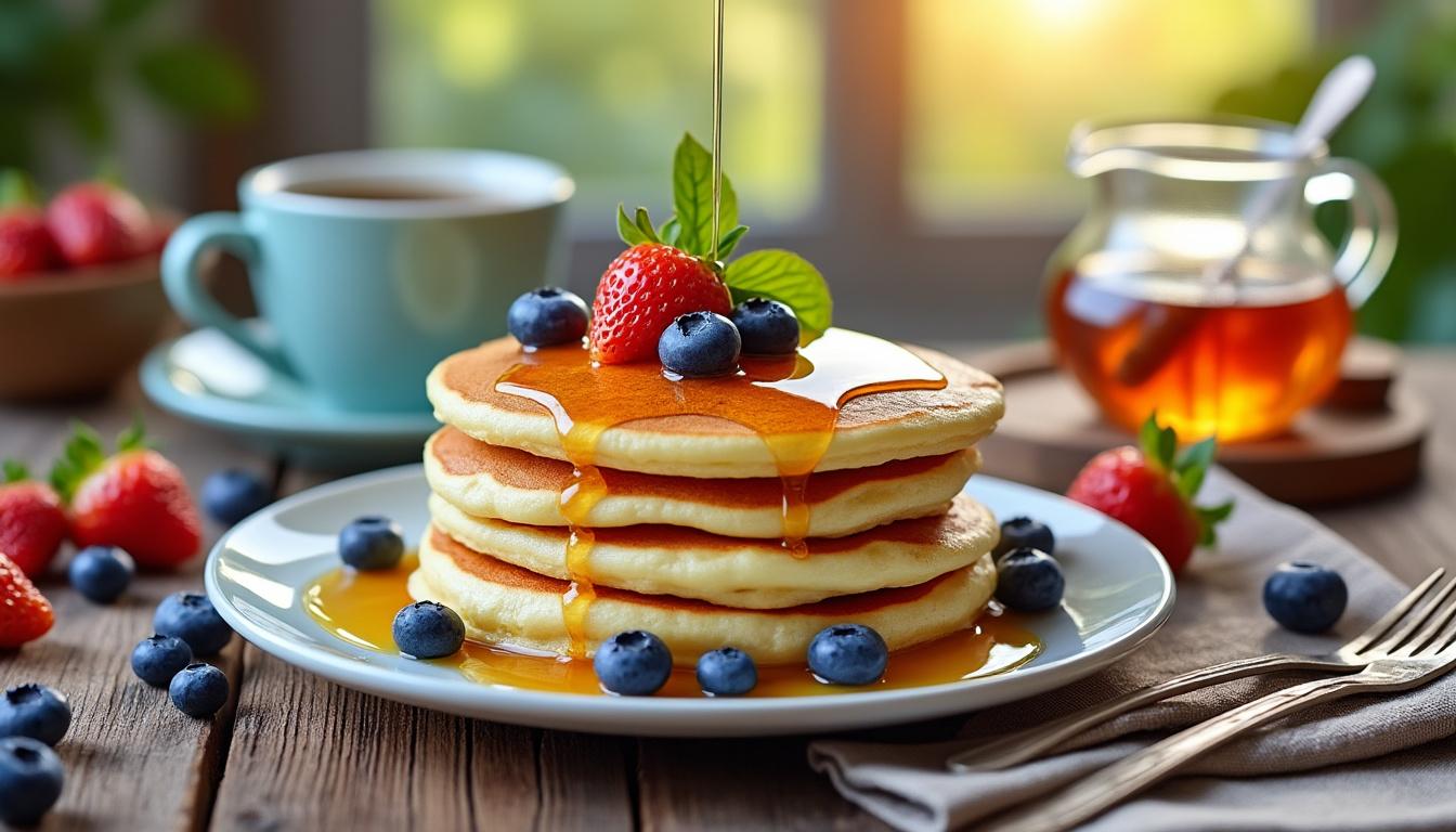 découvrez notre recette de pancakes au fromage blanc, une délicieuse façon de commencer la journée. léger et moelleux, ce petit déjeuner savoureux allie le goût du fromage blanc à une texture parfaite. idéal pour régaler toute la famille.
