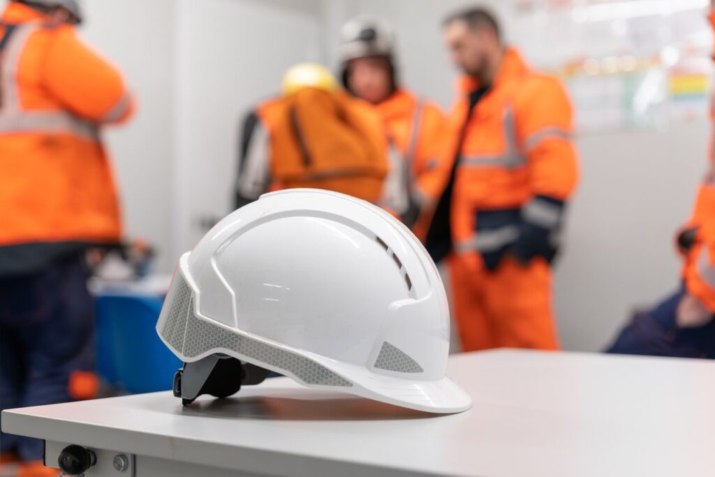 Un casque de chantier btp posé sur une table